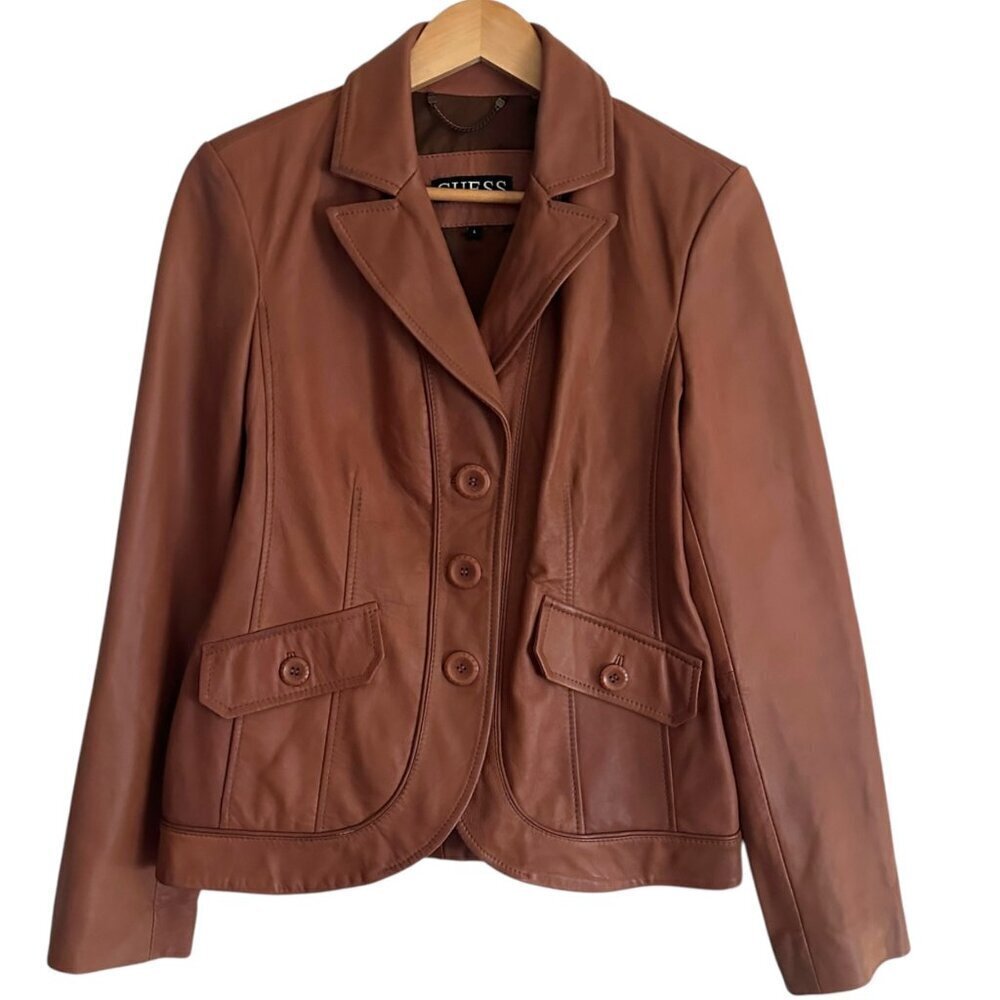 Guess Womens Retro Leather Jacket Size L Brown Button Up Y2K Hippie Western Boho